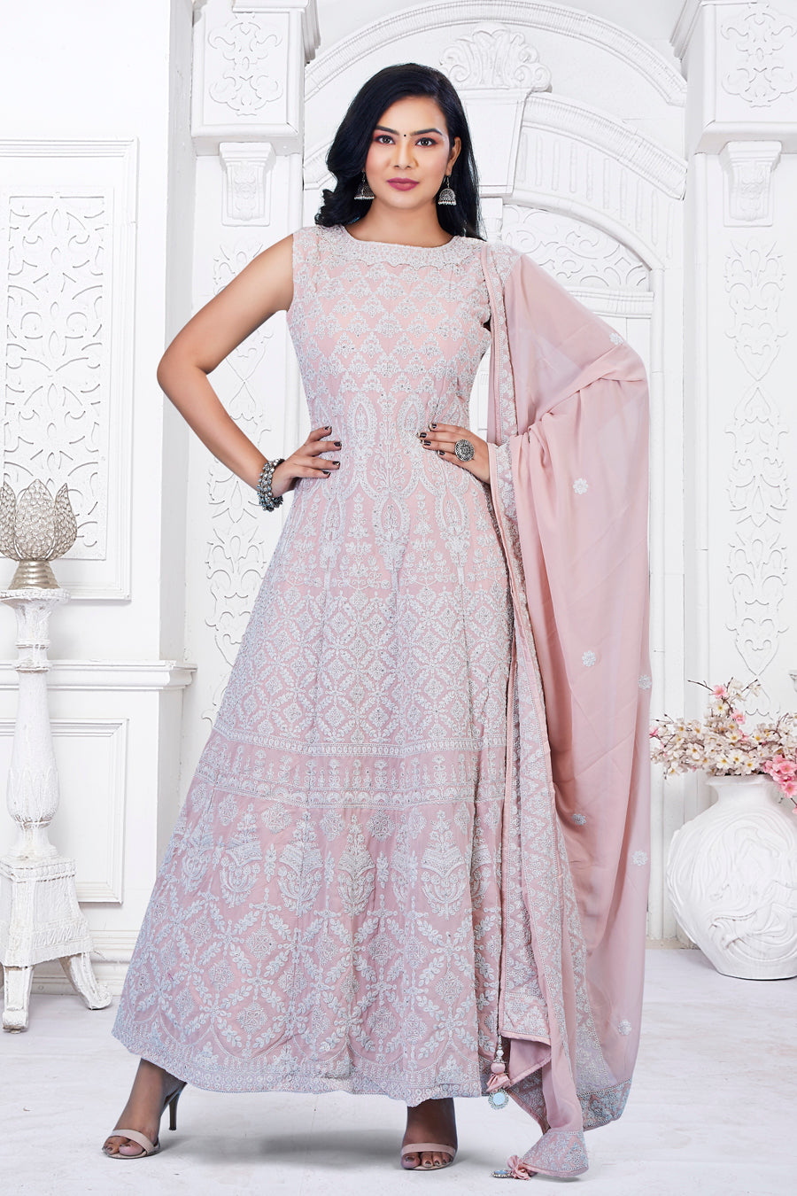 Pastel Pink Long Gown With Dupatta – Roop Sari Palace