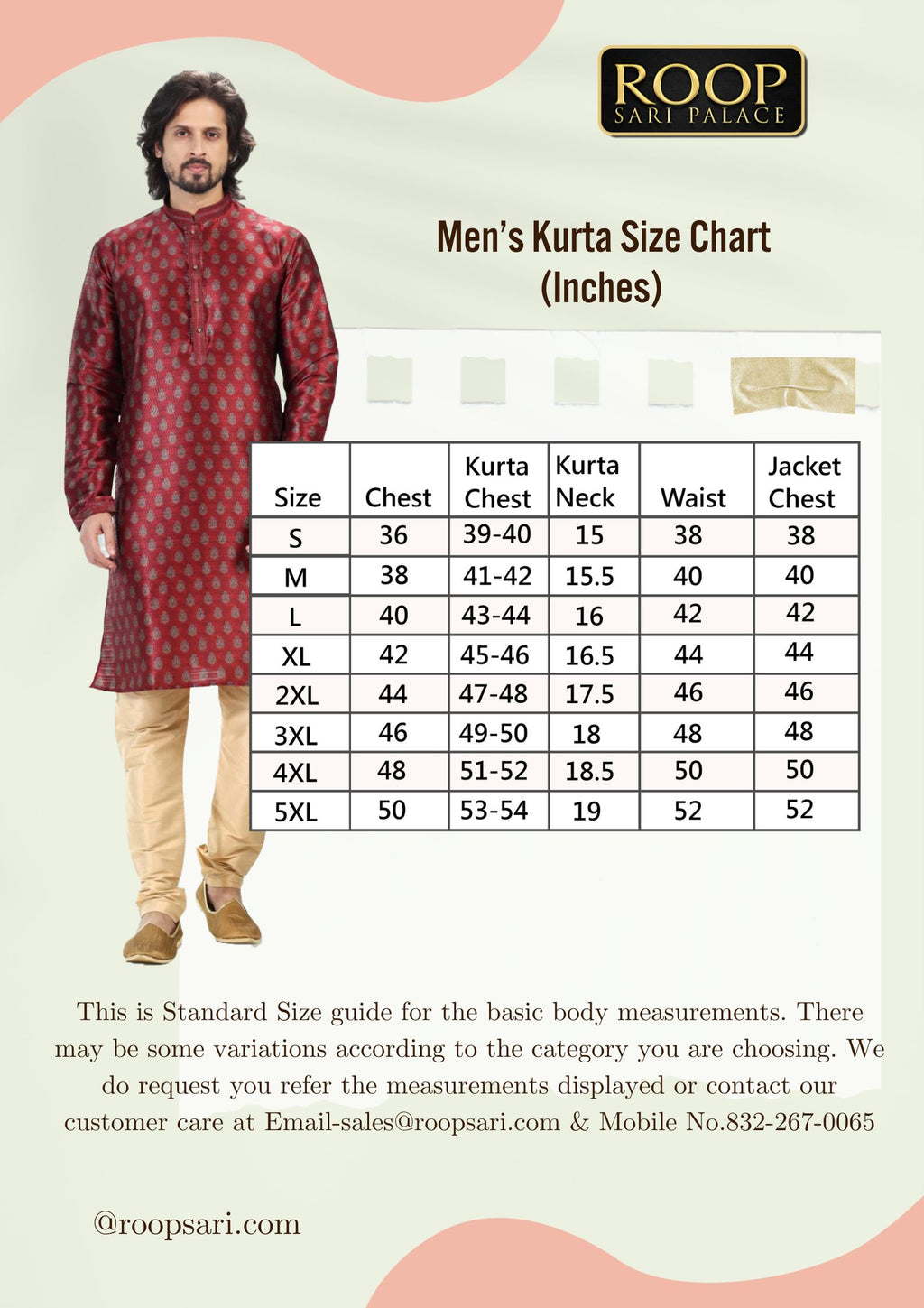 Men's Kurta Size Chart | Roop Sari Palace