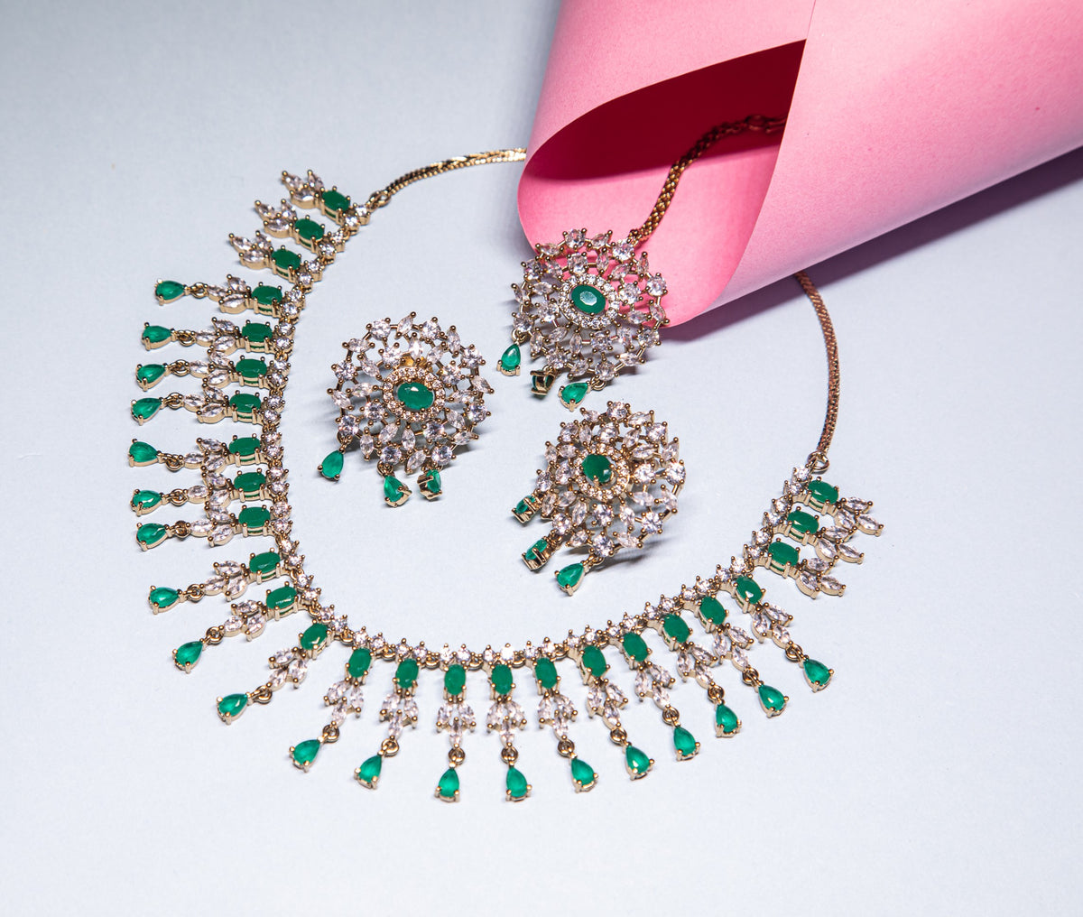 Radiant Dark Green Color AD Necklace Set