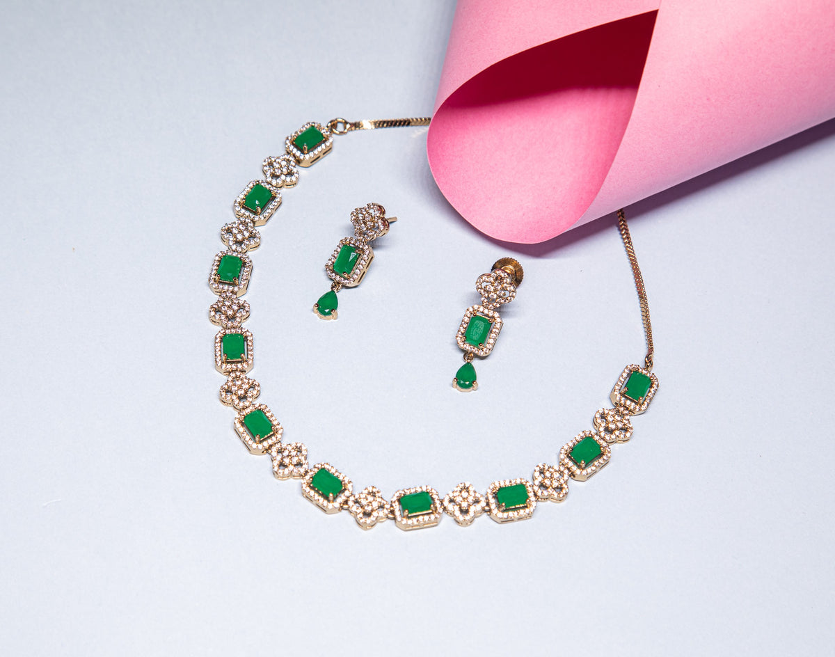 Sparkling Green Color AD Necklace Set