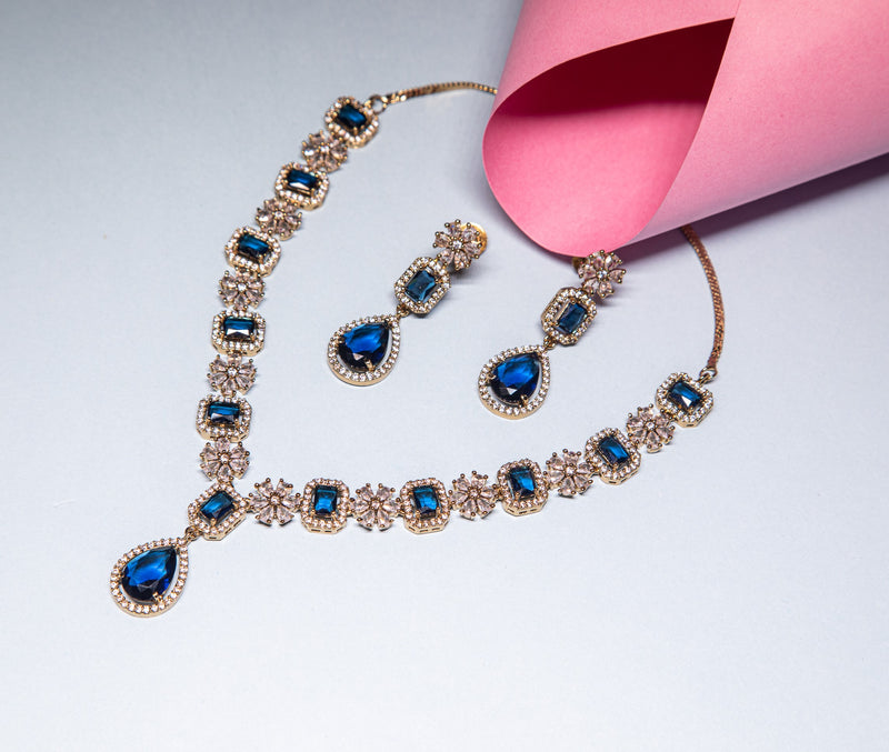 Sparkling Navy Blue Color AD Necklace Set