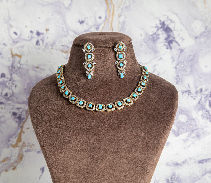 Elegant Blue Color AD Necklace Set