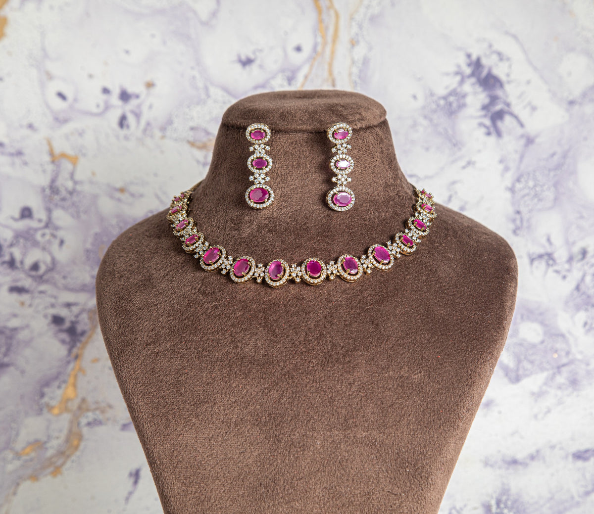 Sparkling Pink Color AD Necklace Set