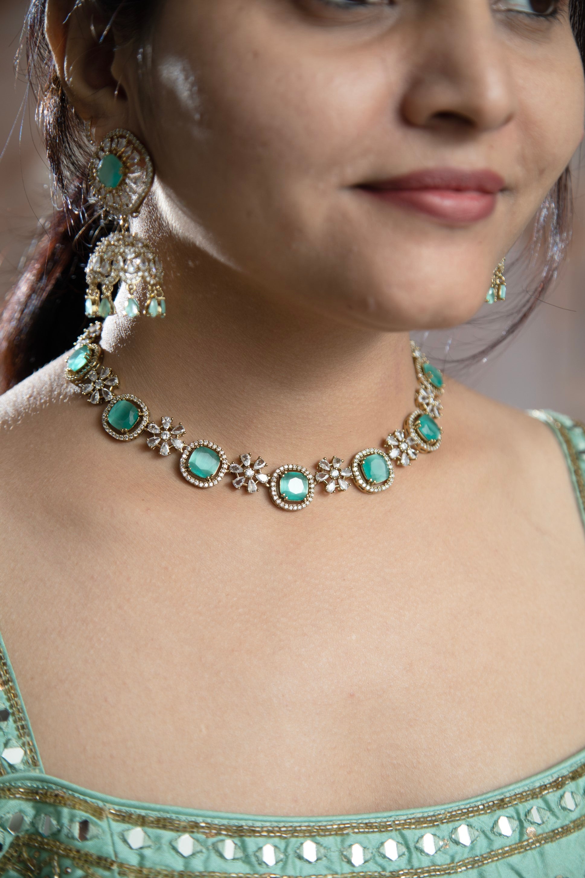 Elegant Mint Color AD Necklace Set