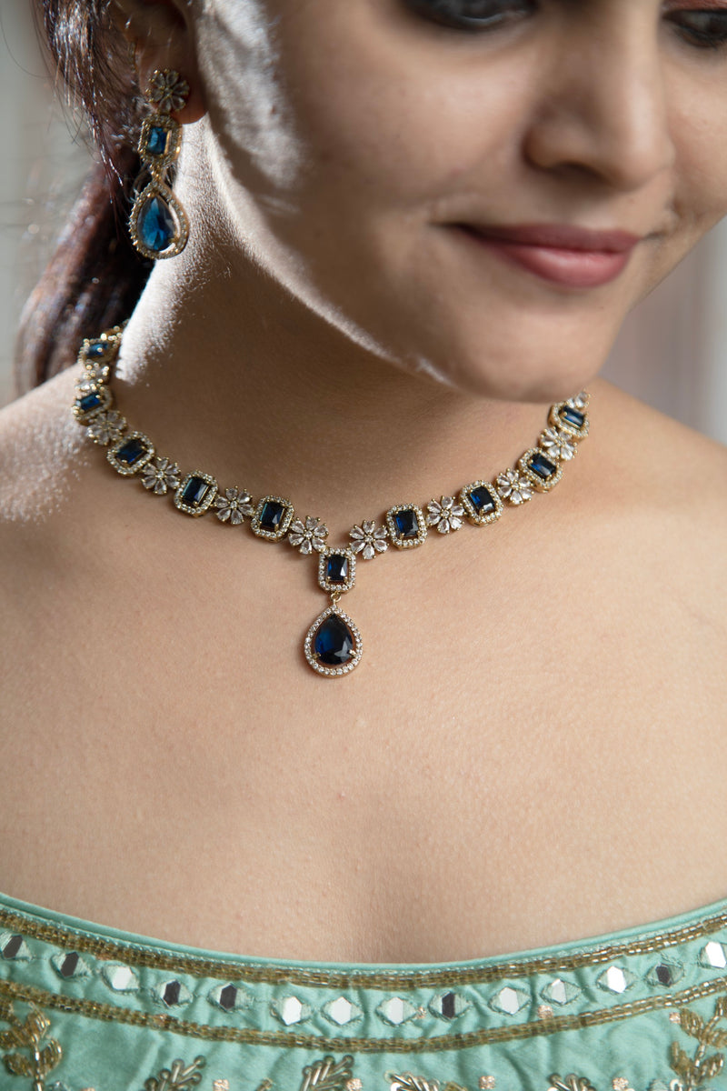 Sparkling Navy Blue Color AD Necklace Set