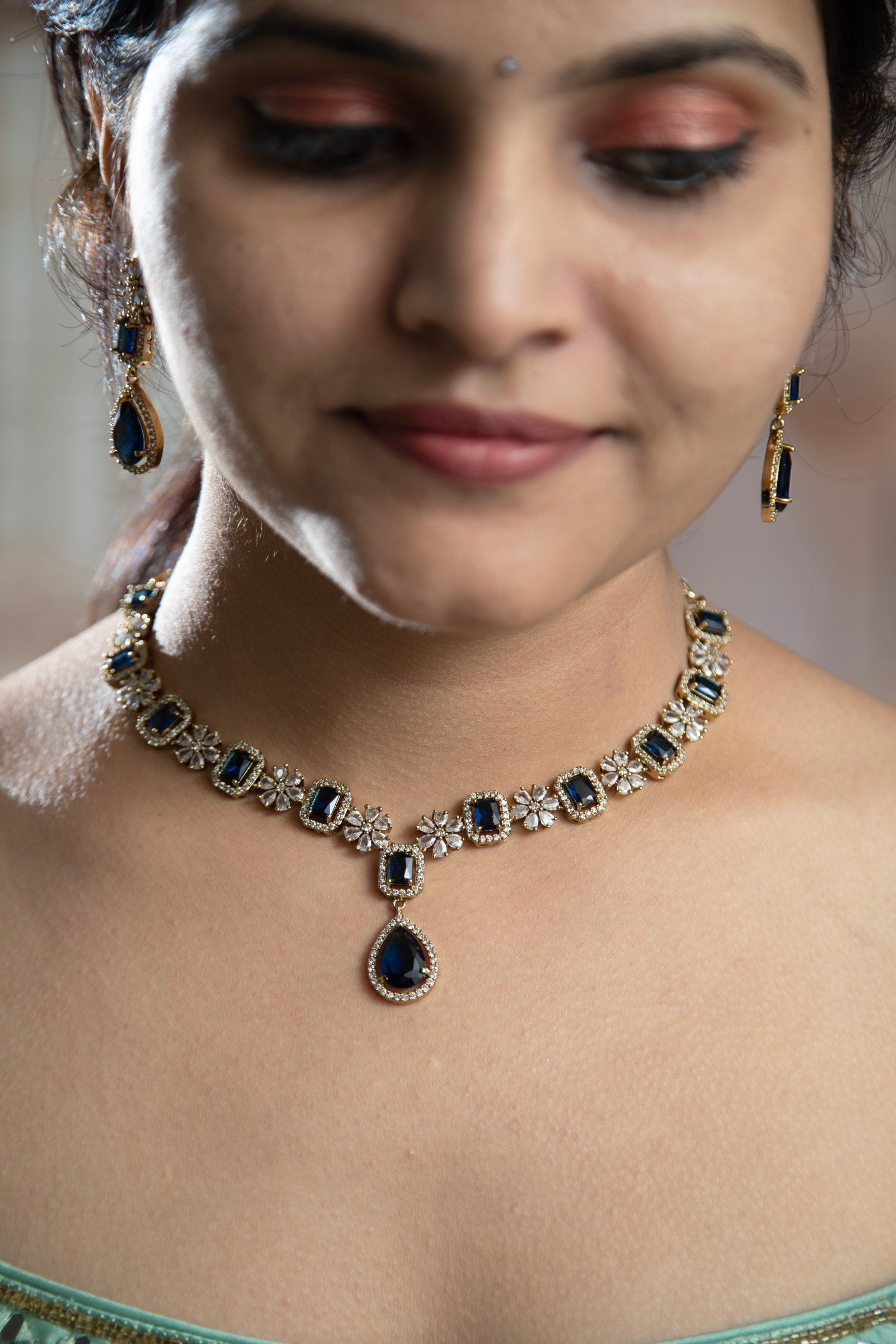 Sparkling Navy Blue Color AD Necklace Set