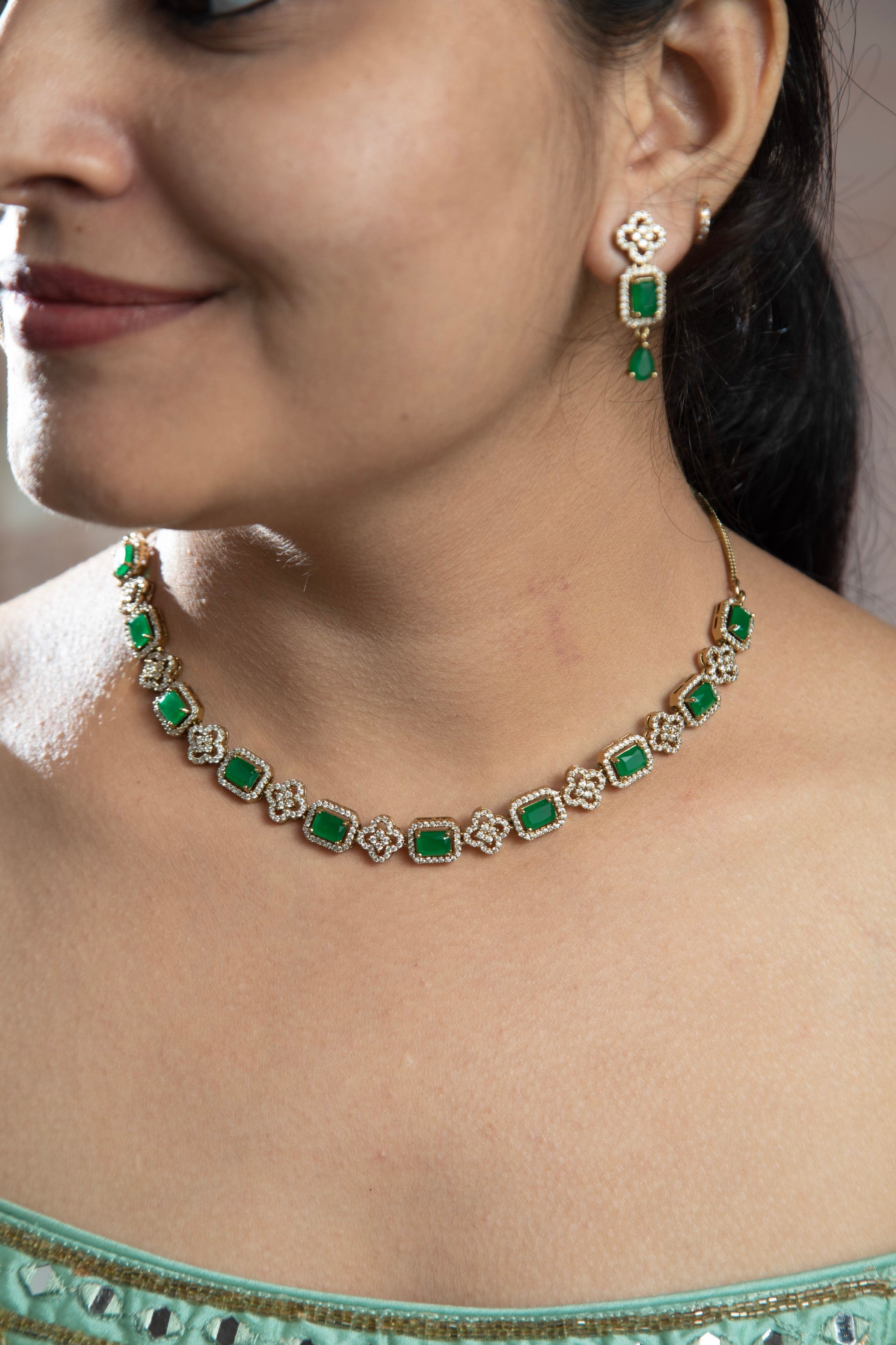 Sparkling Green Color AD Necklace Set