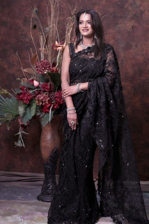 Black  Embroidery work Saree with Designer Blouse