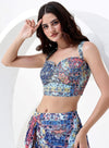 Blue Multi Color Digital Print Crop Top with Dhoti Style Bottom and Jacket Style Dupatta.