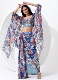Blue Multi Color Digital Print Crop Top with Dhoti Style Bottom and Jacket Style Dupatta.