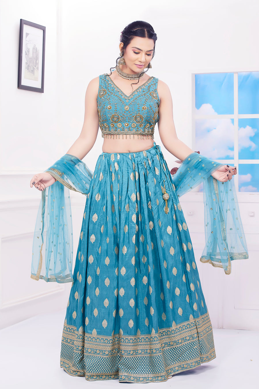 Odette Women Light Blue Embroidered Georgette Semi Stitched Lehenga Wi