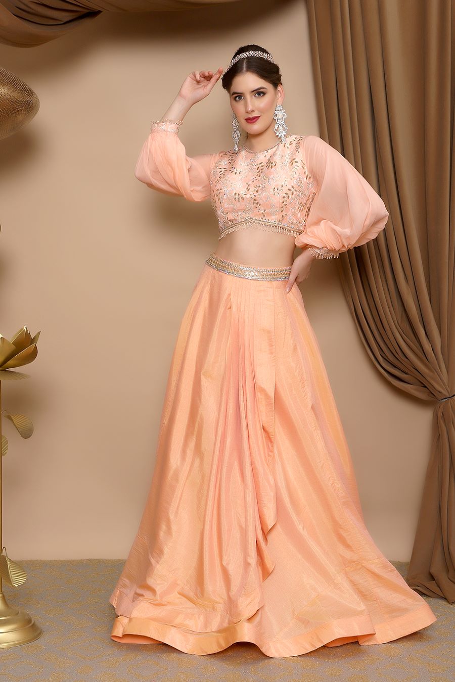 Baby Pink Colored Crushed Georgette Crop Top Lehenga Set - She Needs - The  Saree World