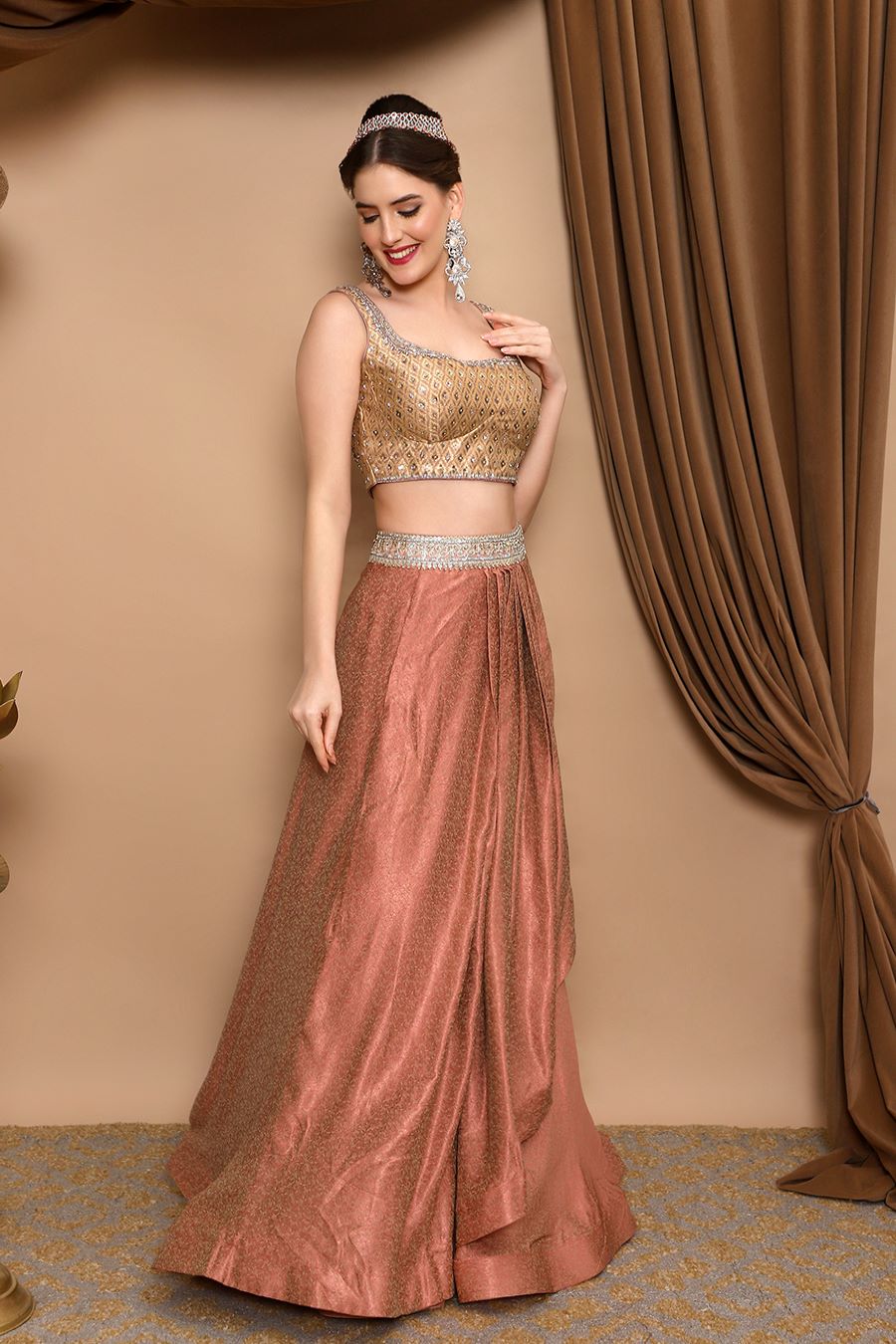 Stunning Golden Peach Lightweight Lehenga with Long Sleeveless Blouse –  Saris and Things