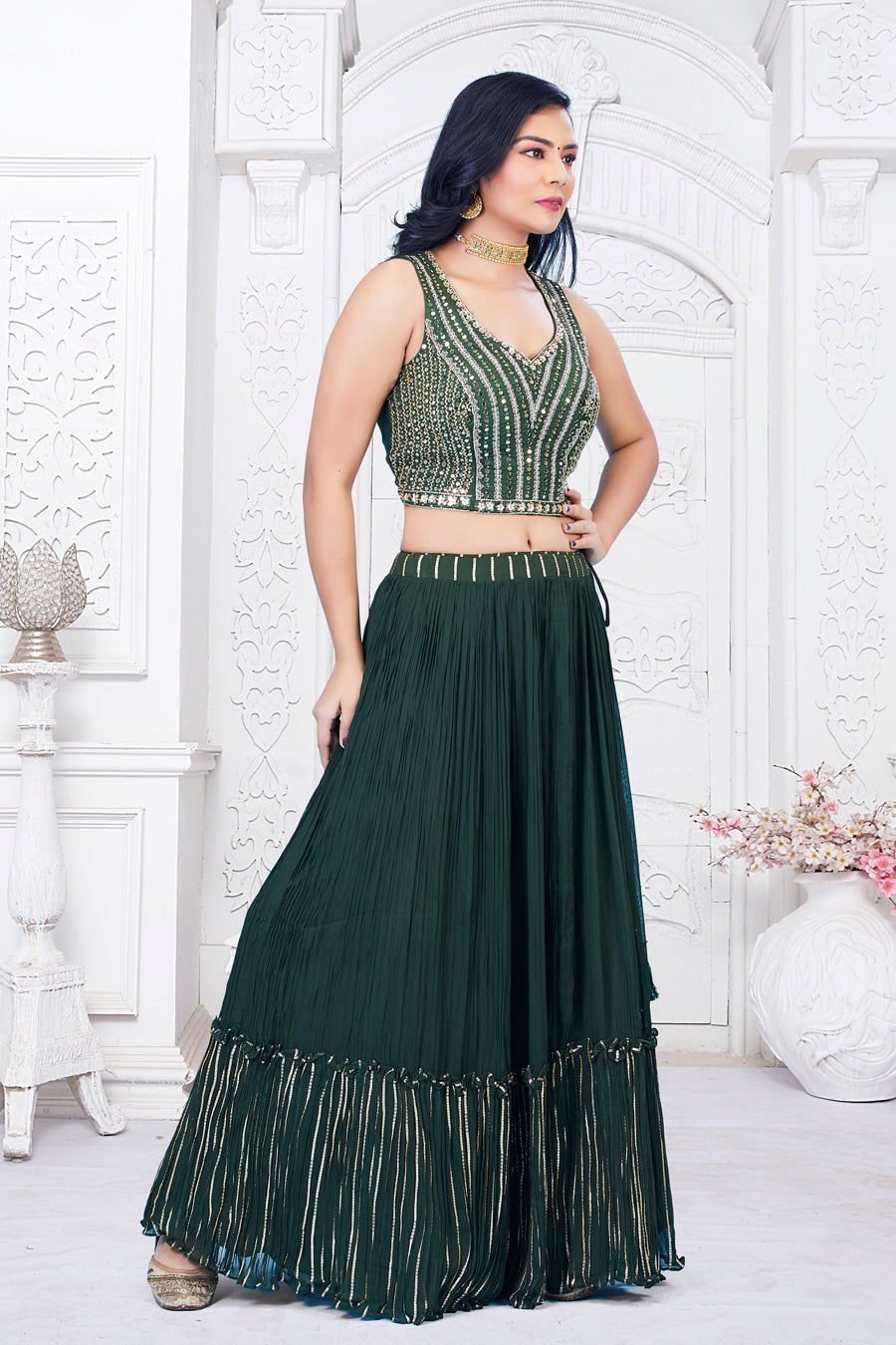 Women's Bottle Green Lehenga Choli- (3Pc Set) - Saras The Label | Indian  dresses for women, Lehenga designs simple, Green lehenga