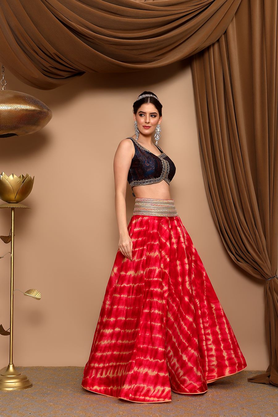 SwatiManish - SMF LEH 254 18 Navy blue lehenga with bright red sequin  dupatta and red sequin blouse Price on request Lehenga Style: Kalli Lehengas  Material: 1st Layer: Net sequin embroidery 2nd