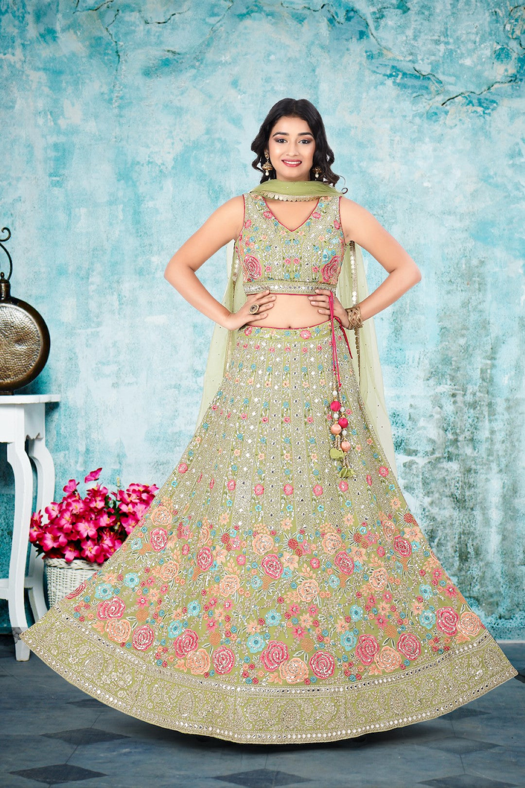 Rama Blue & Pink Floral Embroidered Silk Party Wear Lehenga Choli - Jalkaa  - 3967618