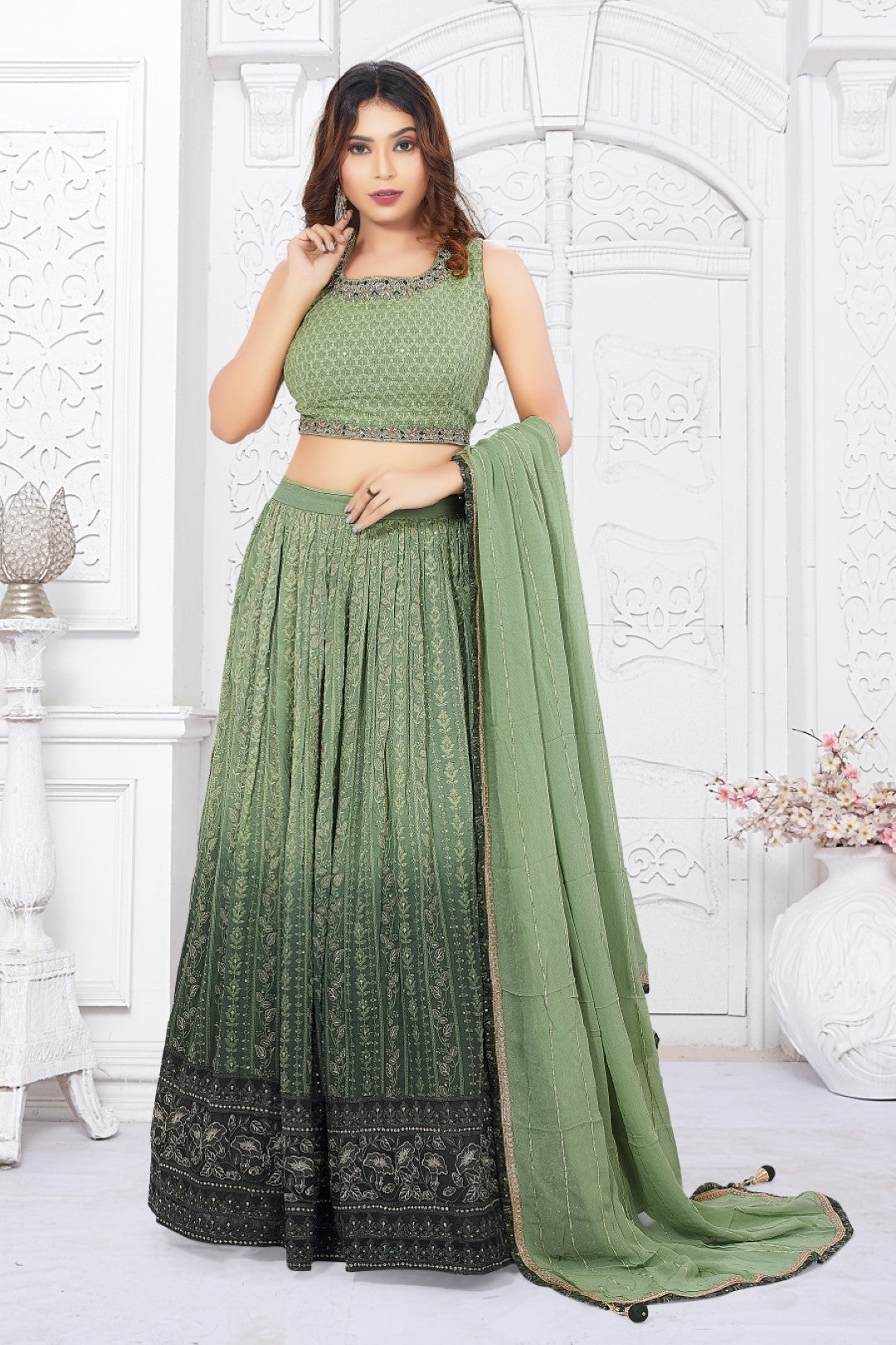 Party Wear Green Georgette Sequins Embroidery Umbrella Lehenga Choli - VJV  Now - India | Party wear lehenga, Lehenga choli, Designer lehenga choli