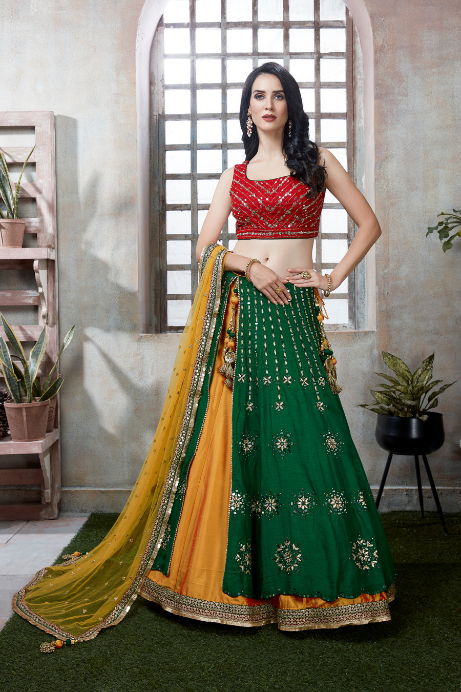Buy Aqua Green & Red Banarasi Silk Lehenga Choli From Khushkar