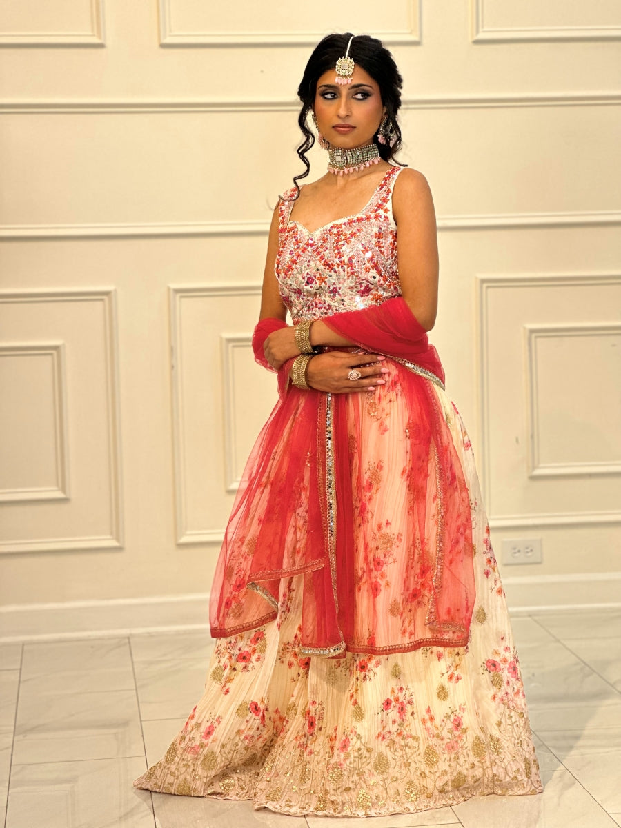 Red Kasab & Zardozi Floral Hand Embroidered Lehenga and Light Pink She –  Talking Threads Global