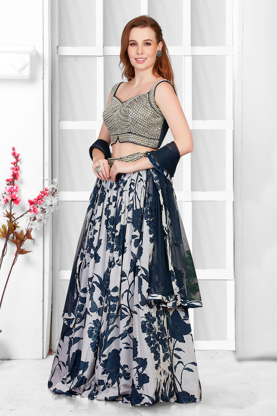 White and Blue Floral Printed Lehenga – Lashkaraa