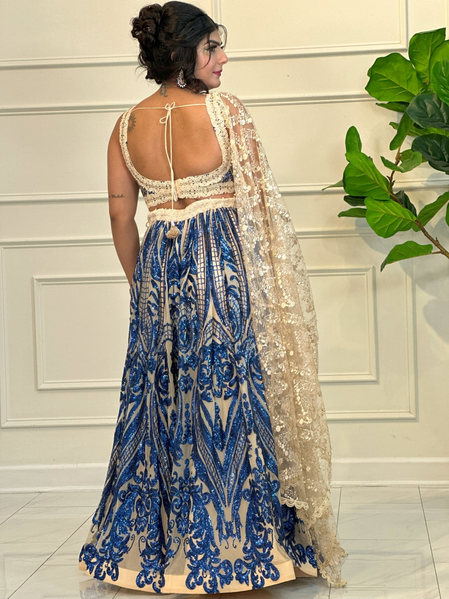 Buy Blue velvet zari sequence wedding lehenga choli at fealdeal.com