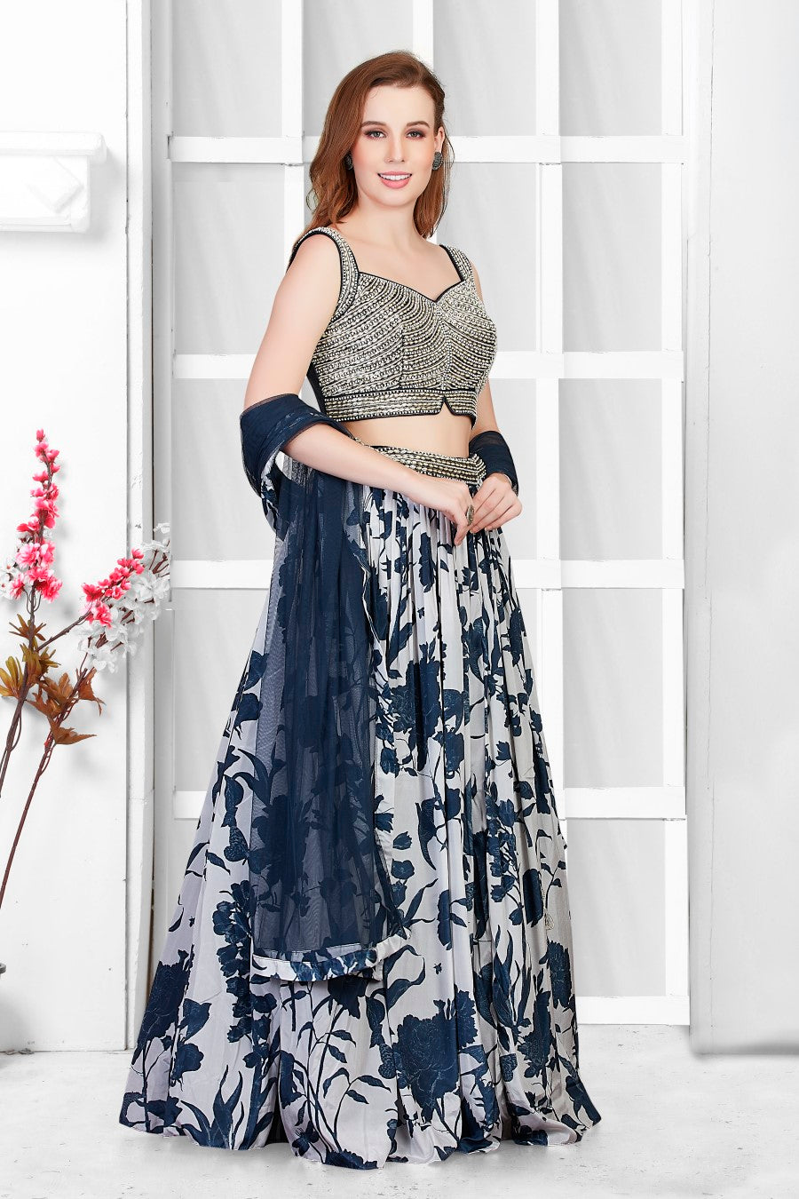 Off White & Navy Blue Printed Muslin Lehenga Choli