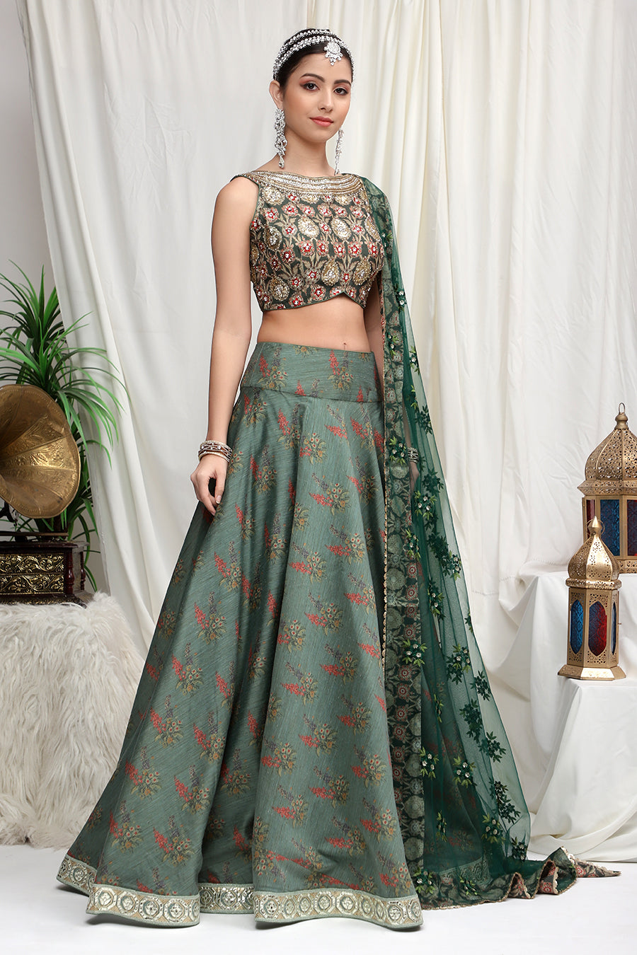 Buy Ruby Matching Saree Center Women's Crop Top with Net Lehenga/Lehenga  Choli and Dupatta Set, Net Work Crop Top Lehenga with Fully-Stitched Blouse  (Free Size, Green) at Amazon.in
