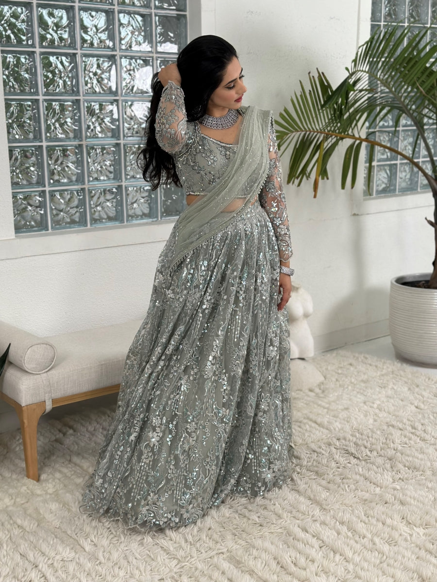 Buy Grey and Silver Color Net A - Line Lehenga Online