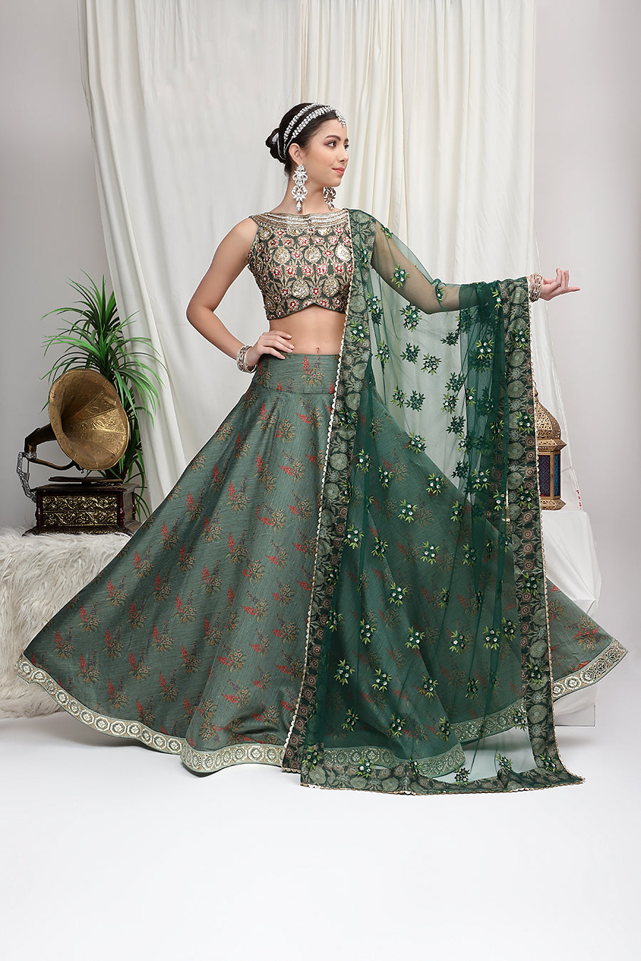 Forest green intricate floral vine-themed chamki & gold thread embroidered  readymade floor touch georgette lehenga