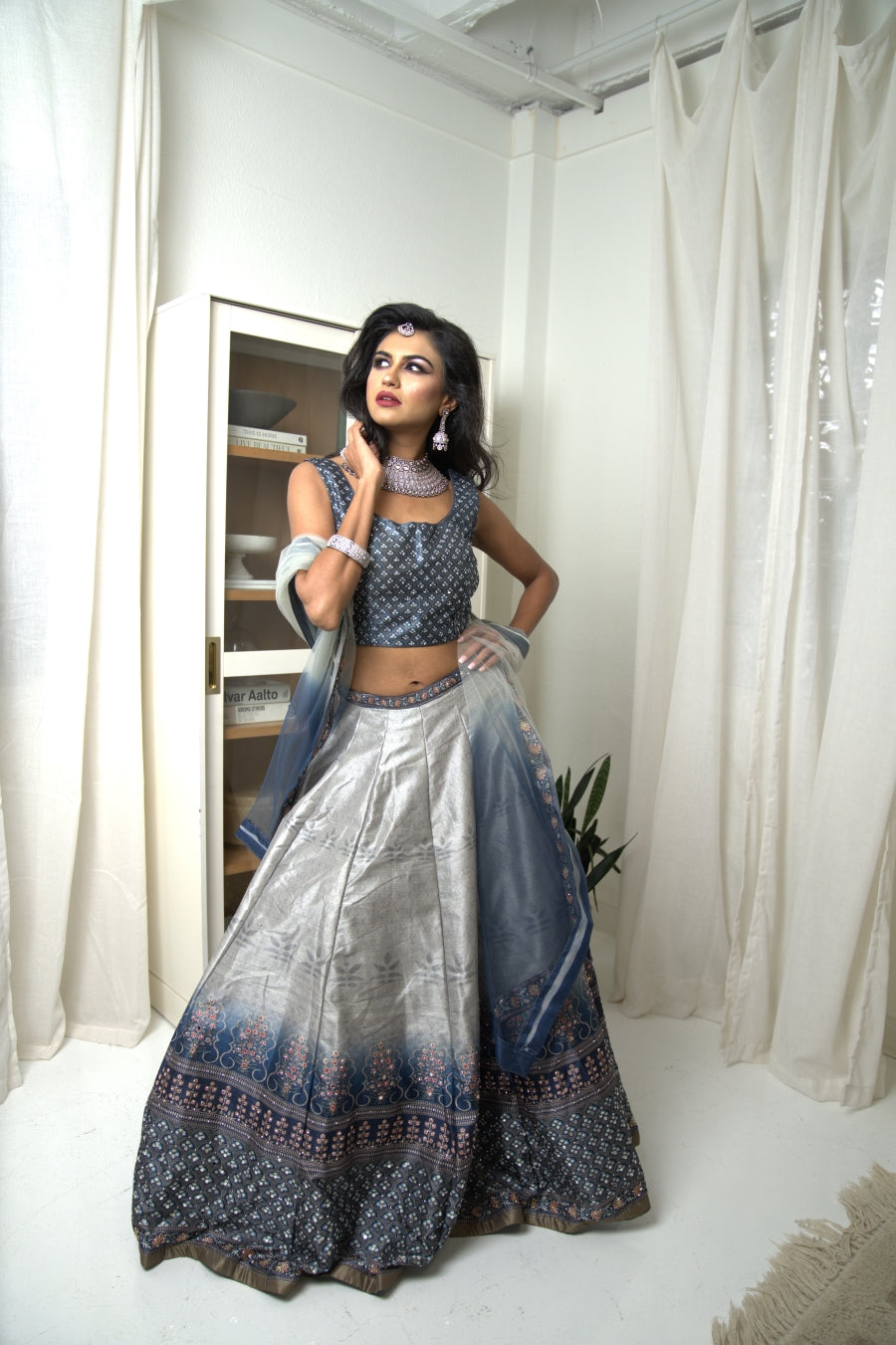 Mid night blue lehenga with silver rose motif embroidery
