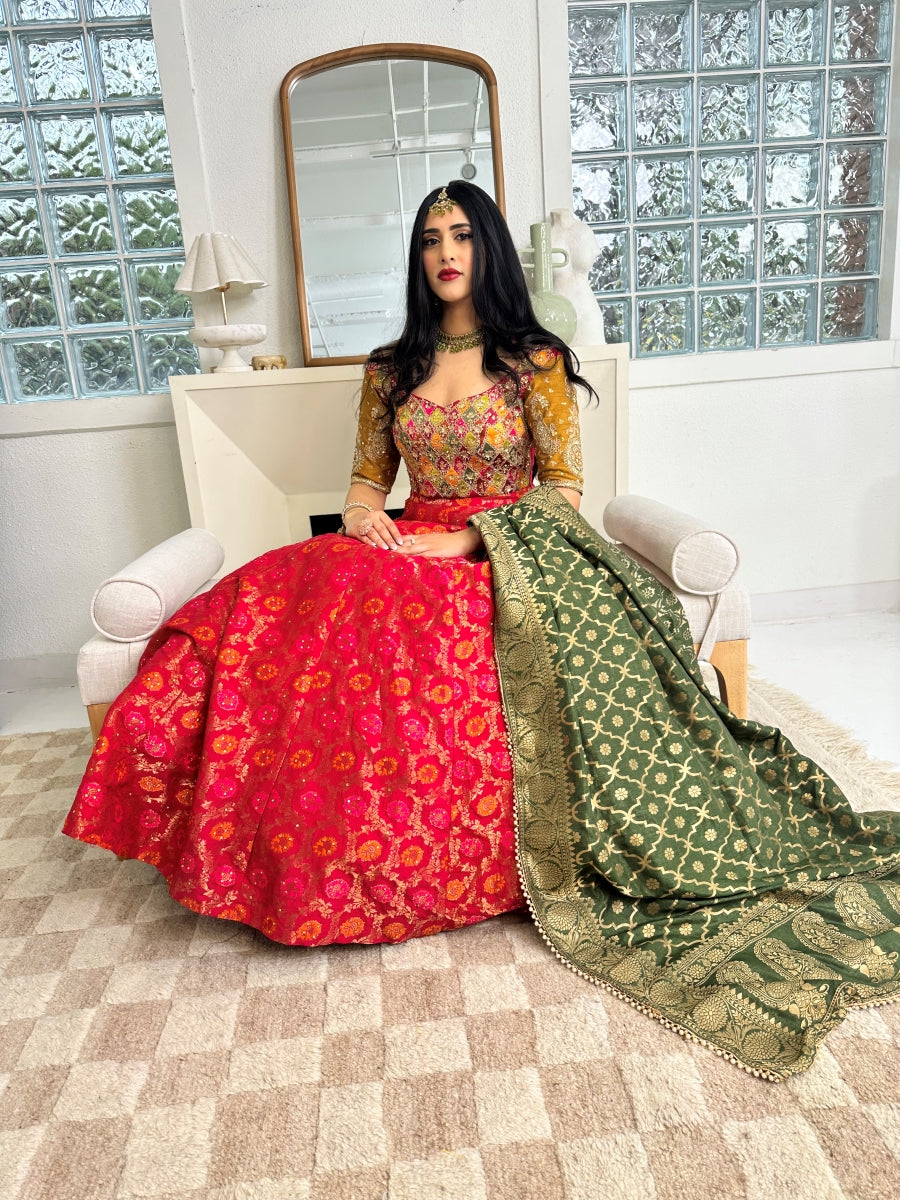 Gold Lehenga With Baby Pink Choli And Shaded Dupatta at best price in Delhi
