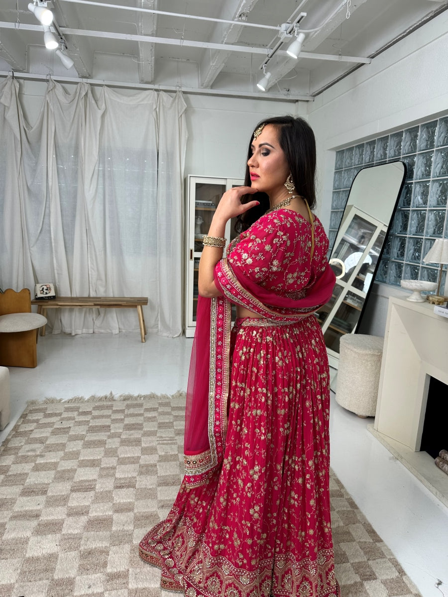 Net Fabric Wedding Wear Pink Color Fancy Work Lehenga Choli