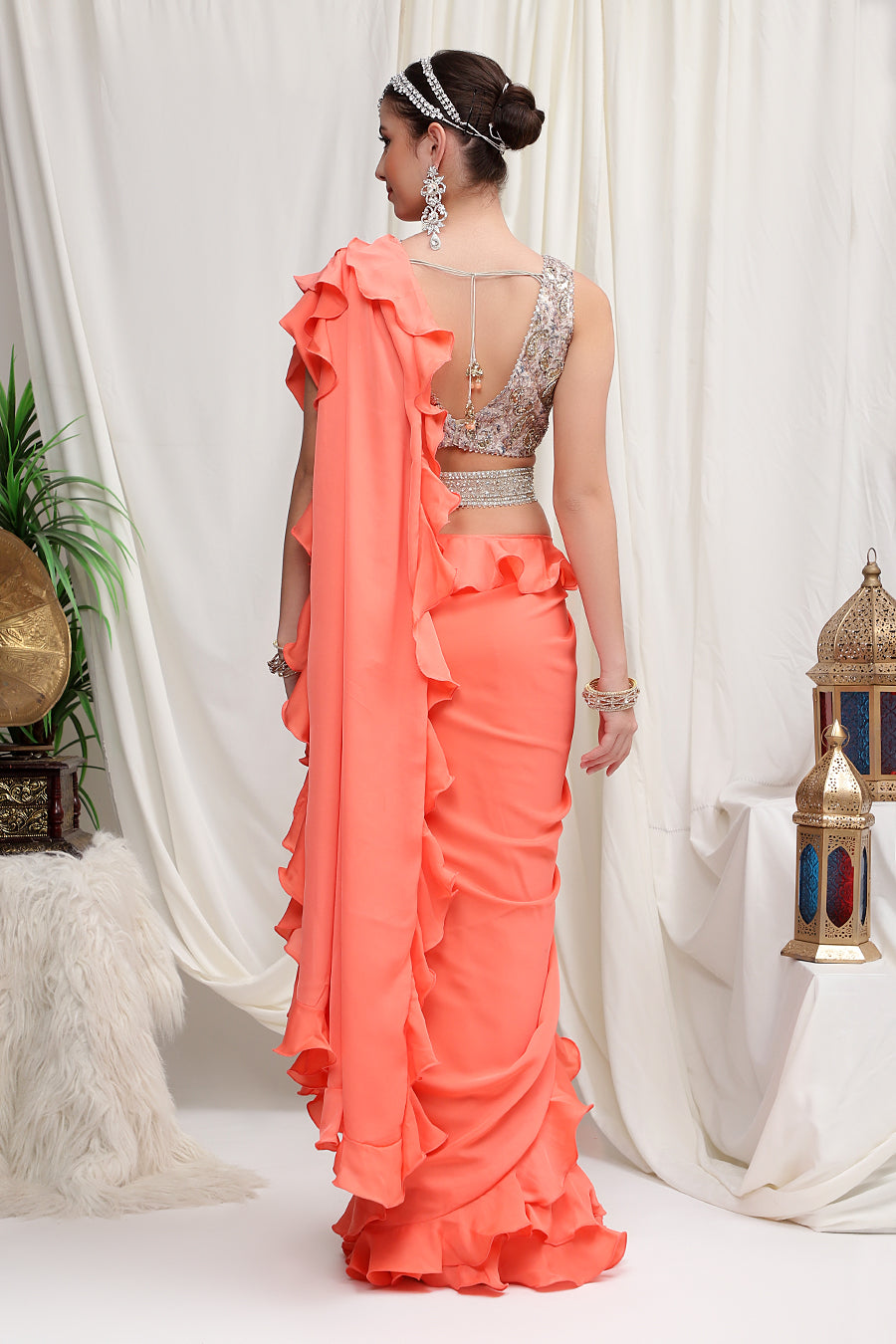 Toasted Orange Georgette Ruffle Saree Set Design by Arpita Mehta at  Pernia's Pop Up Shop 2024